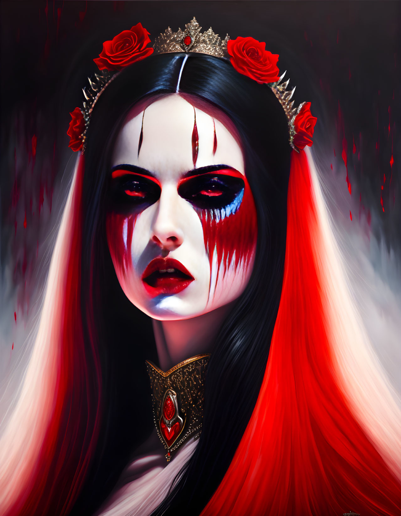 Gothic queen figure with crown, roses, red and black makeup, against red backdrop