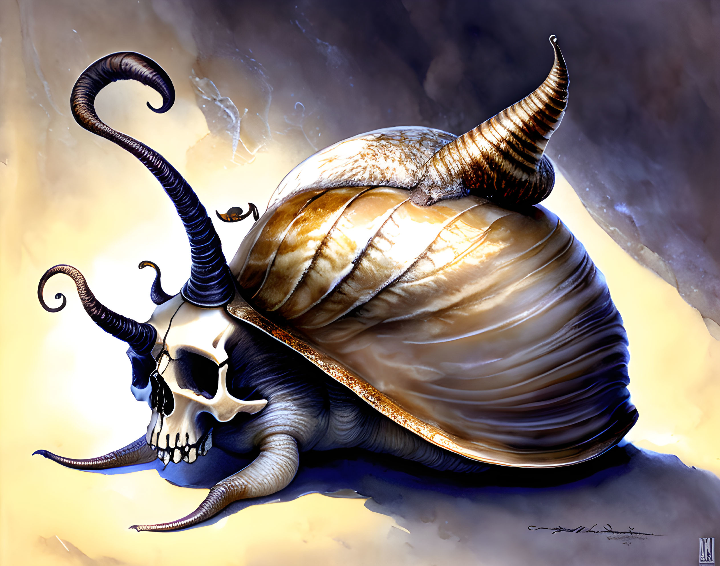 Fantastical snail with horned skull shell in mystical setting