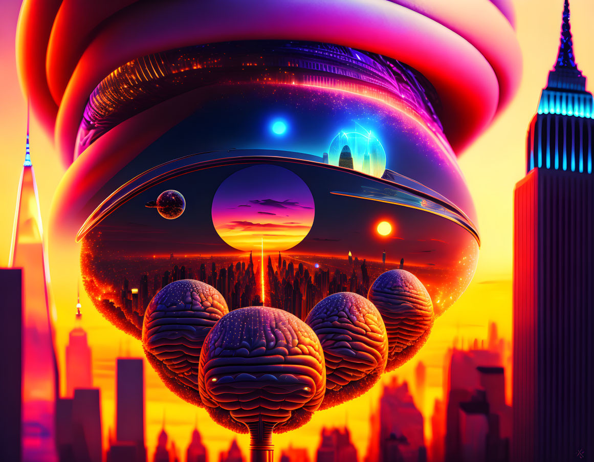 Futuristic cityscape with floating alien structure at sunset