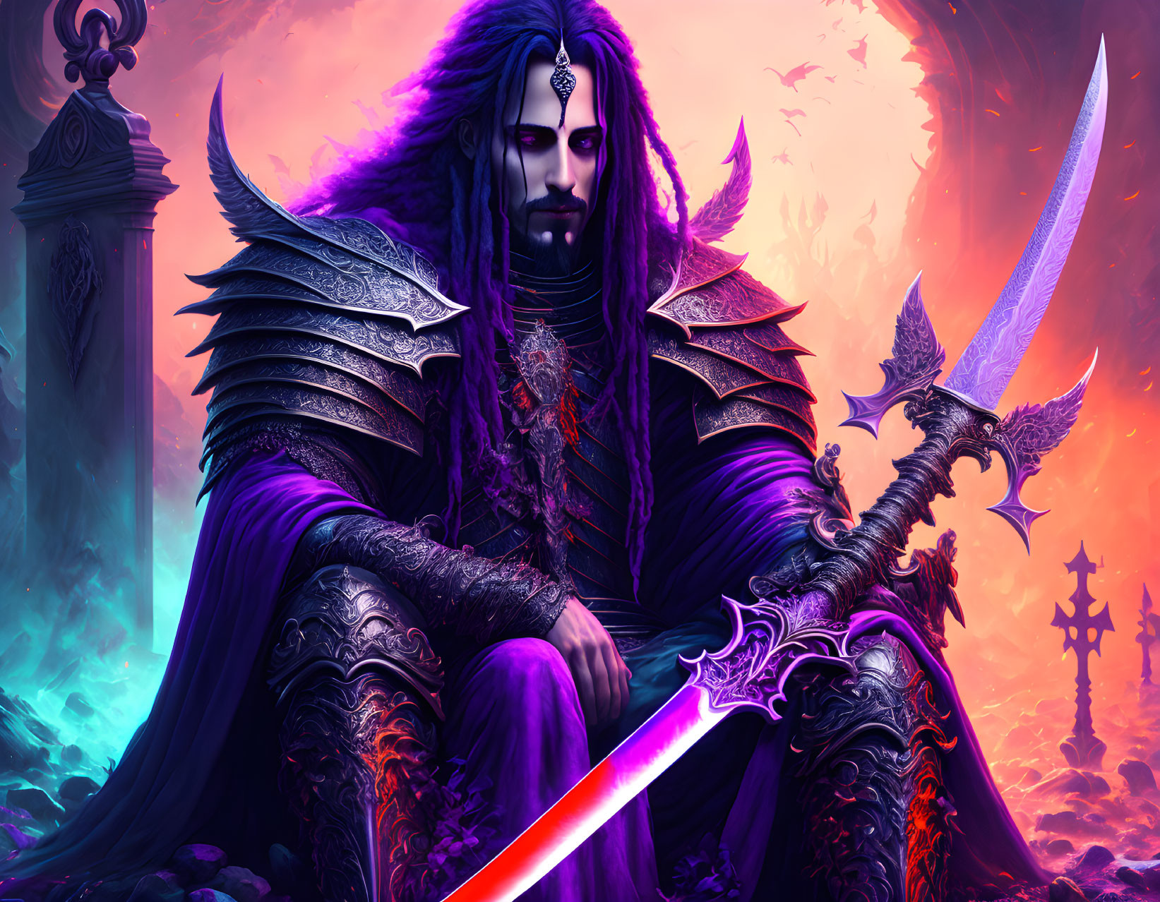 Dark-haired male in ornate armor wields glowing sword against mystical purple backdrop