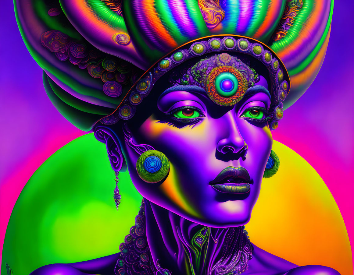 Colorful digital artwork of woman with exotic makeup and headdress on psychedelic background