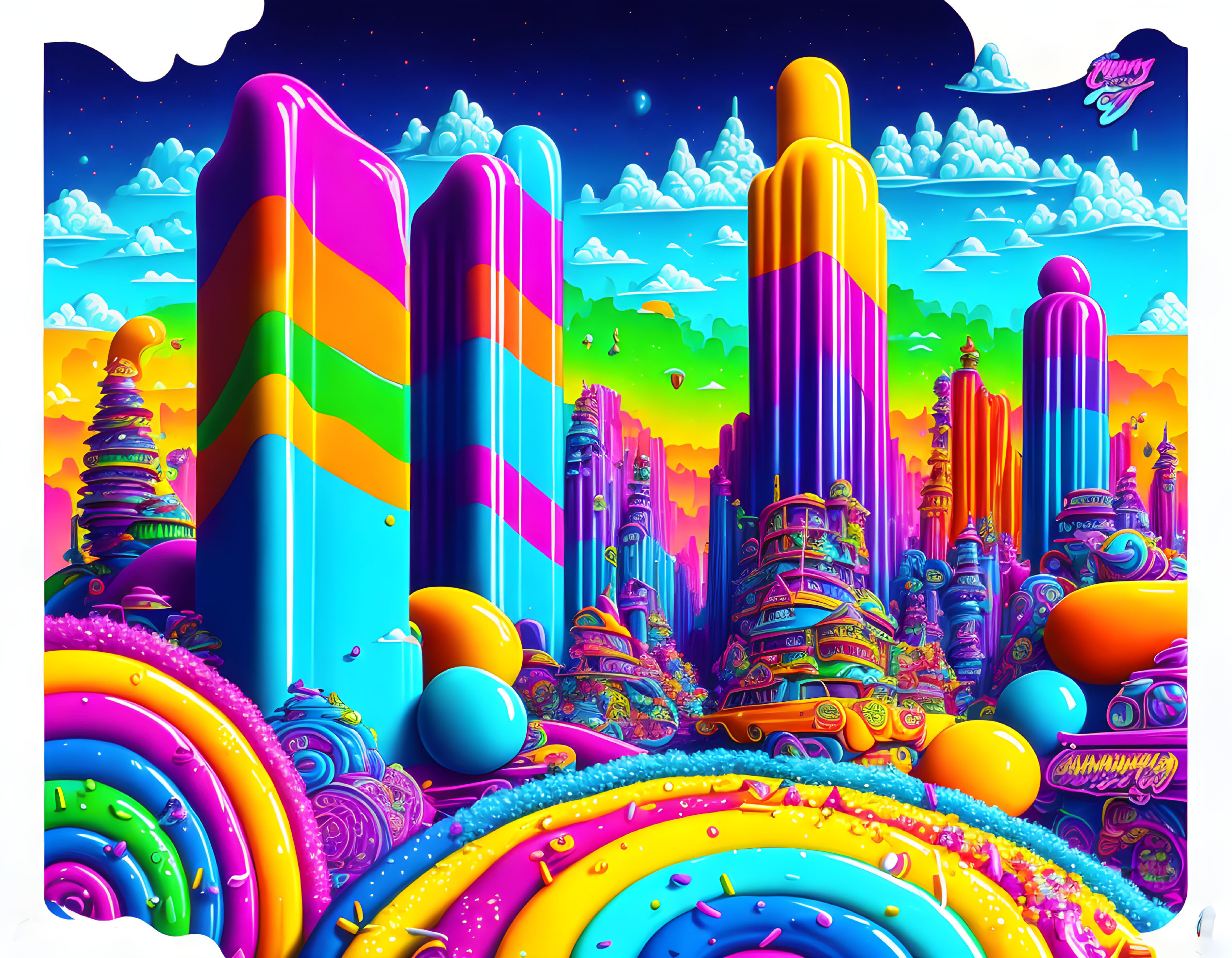 Colorful Surreal Cityscape with Psychedelic Skyscrapers