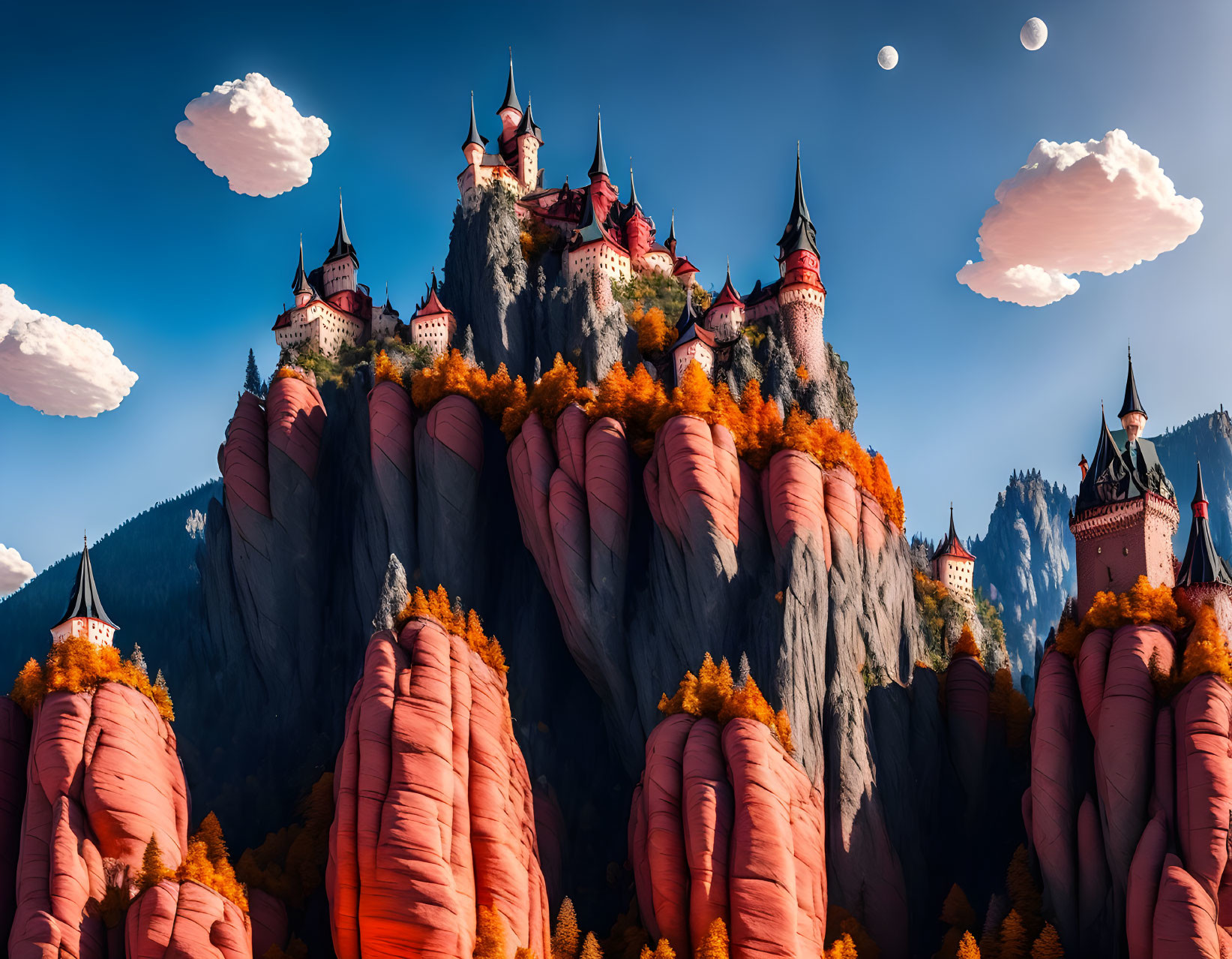 Fantastical castle with spires on autumn trees and cliffs under two moons