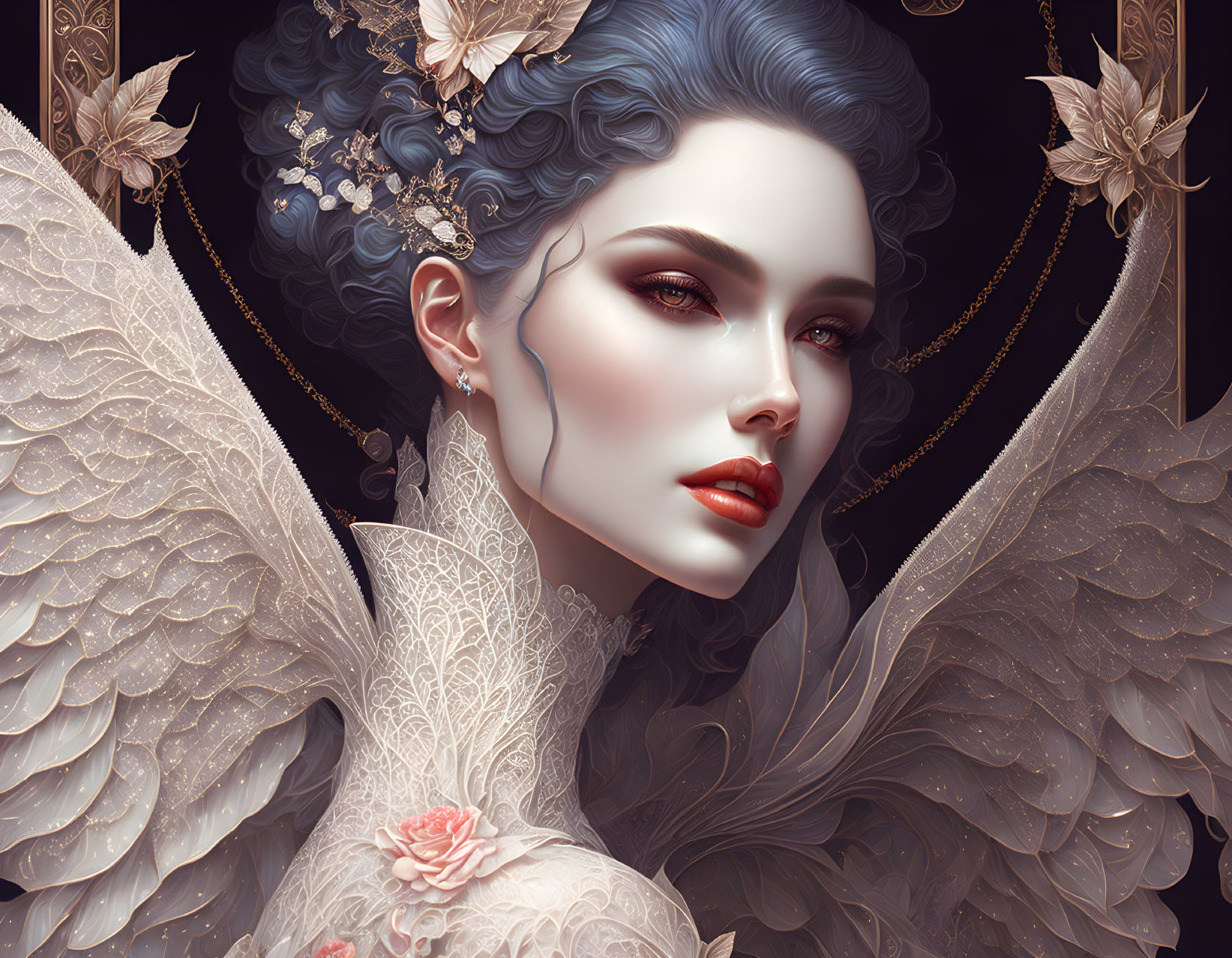 Ethereal woman with wings, gold chains, and flowers on dark background