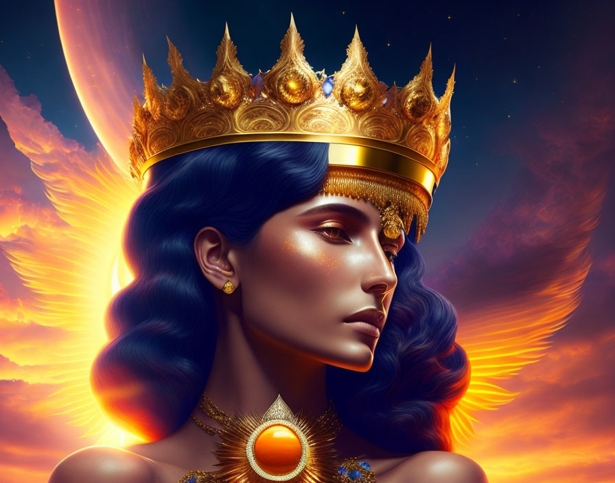 Profile view of regal woman with golden crown and jewelry at sunset