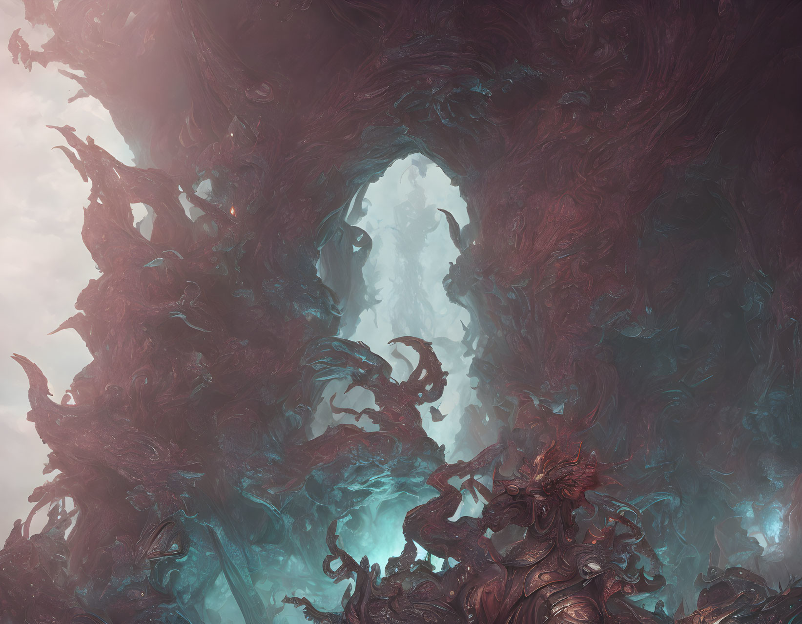 Vivid digital artwork: swirling crimson and azure vortex with intricate fantastical details