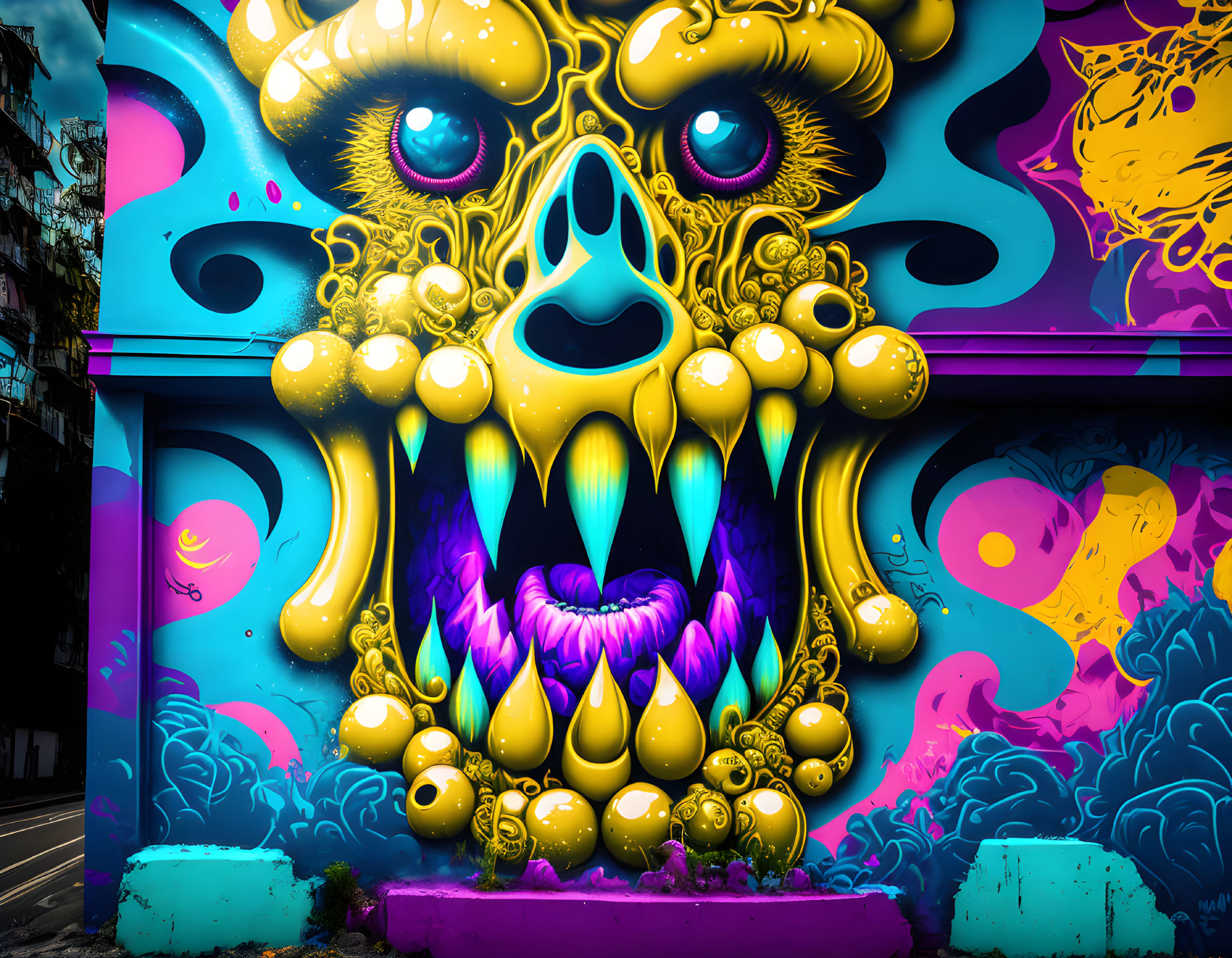 Colorful graffiti mural of fantastical creature with multiple eyes and sharp fangs