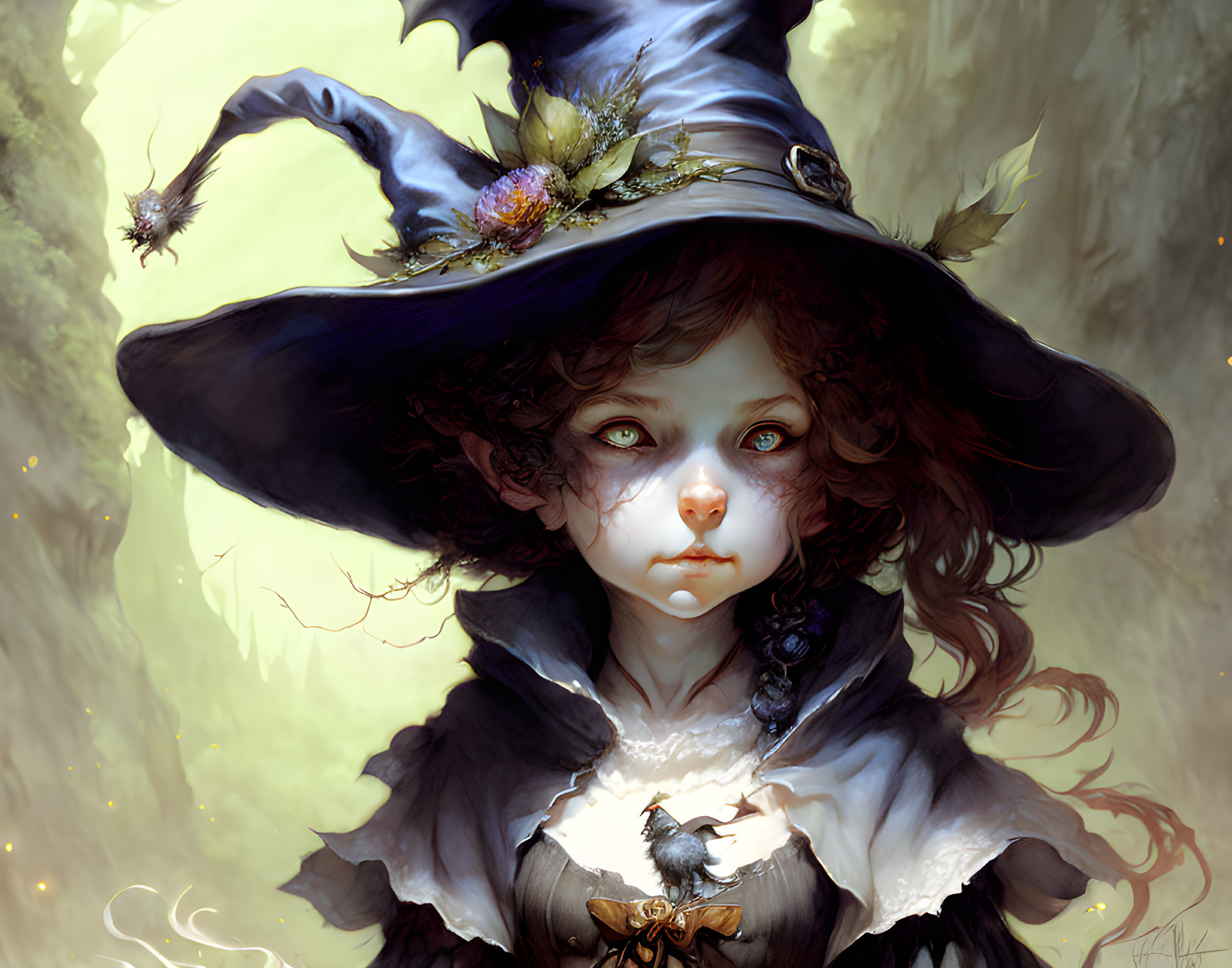 Illustration of young witch in oversized, detailed hat with expressive eyes in greenish glow