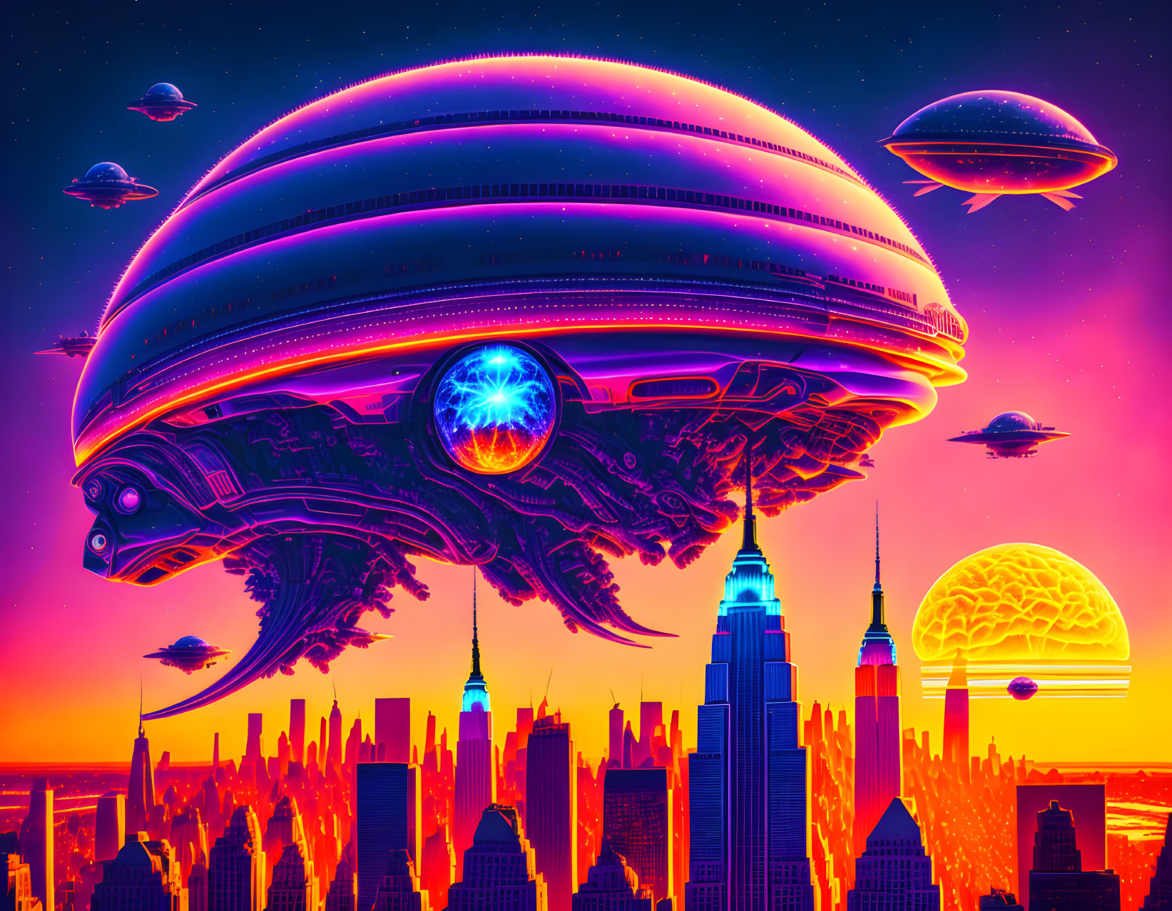 Futuristic cityscape with flying saucers and neon skyline