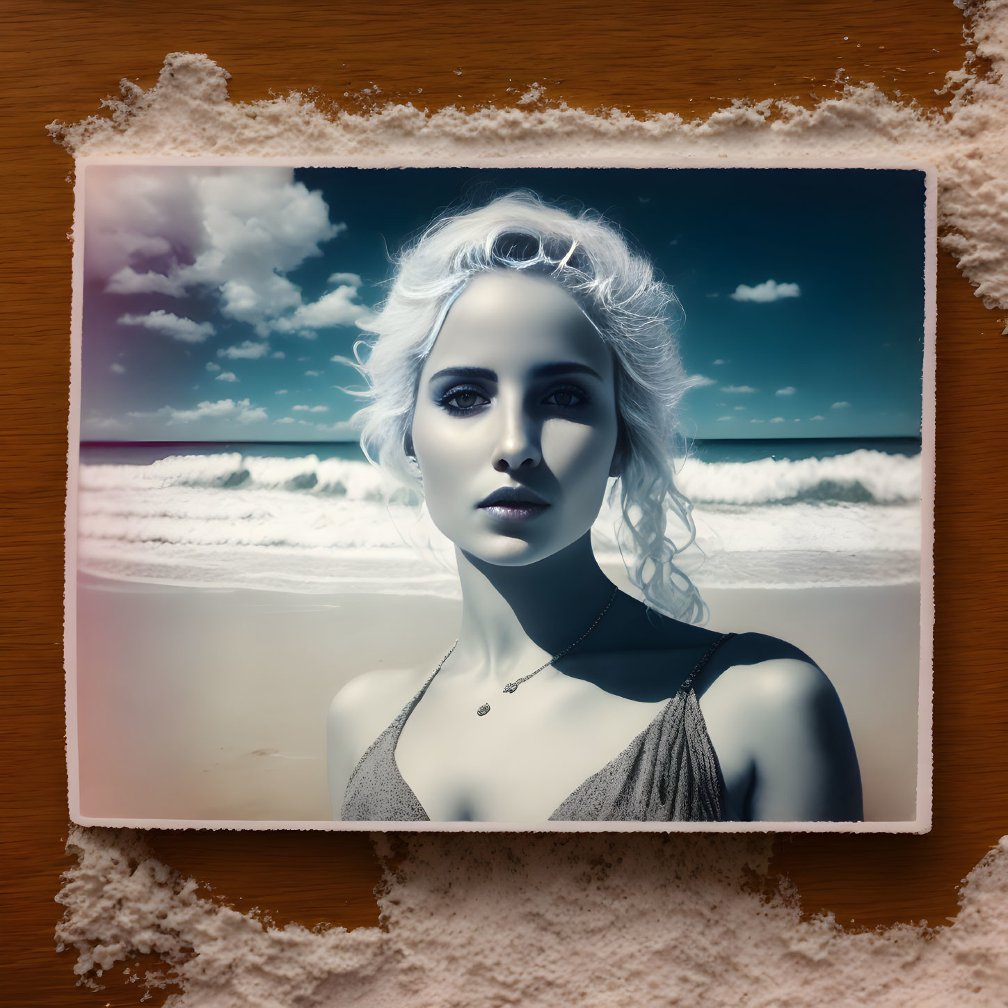 Vintage-Style Platinum Blonde Woman Photo on Beach Background