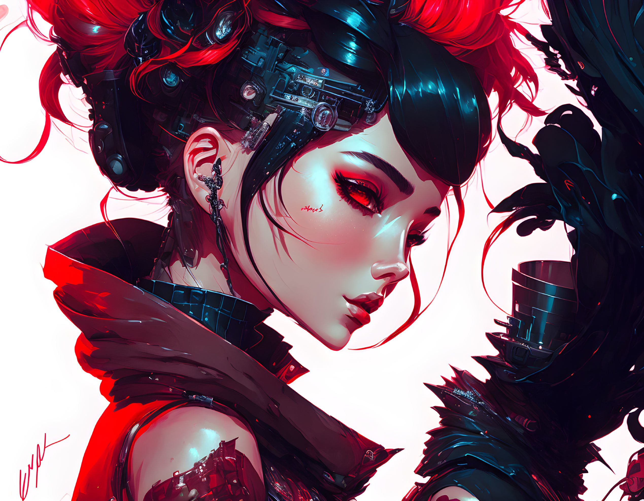 Female cyborg digital art: intricate mechanical details, red accents, futuristic hairstyle on crimson backdrop.