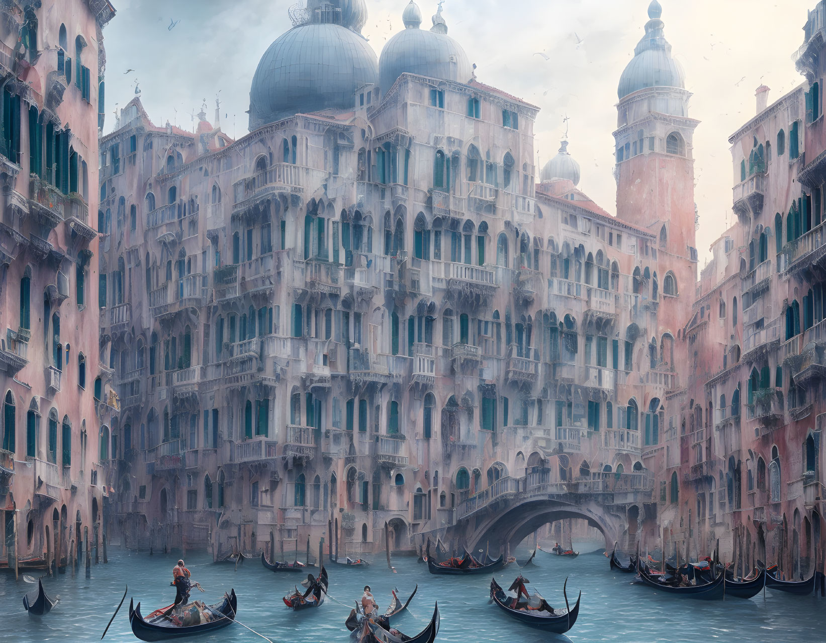 Venice cityscape with gondolas on misty canals