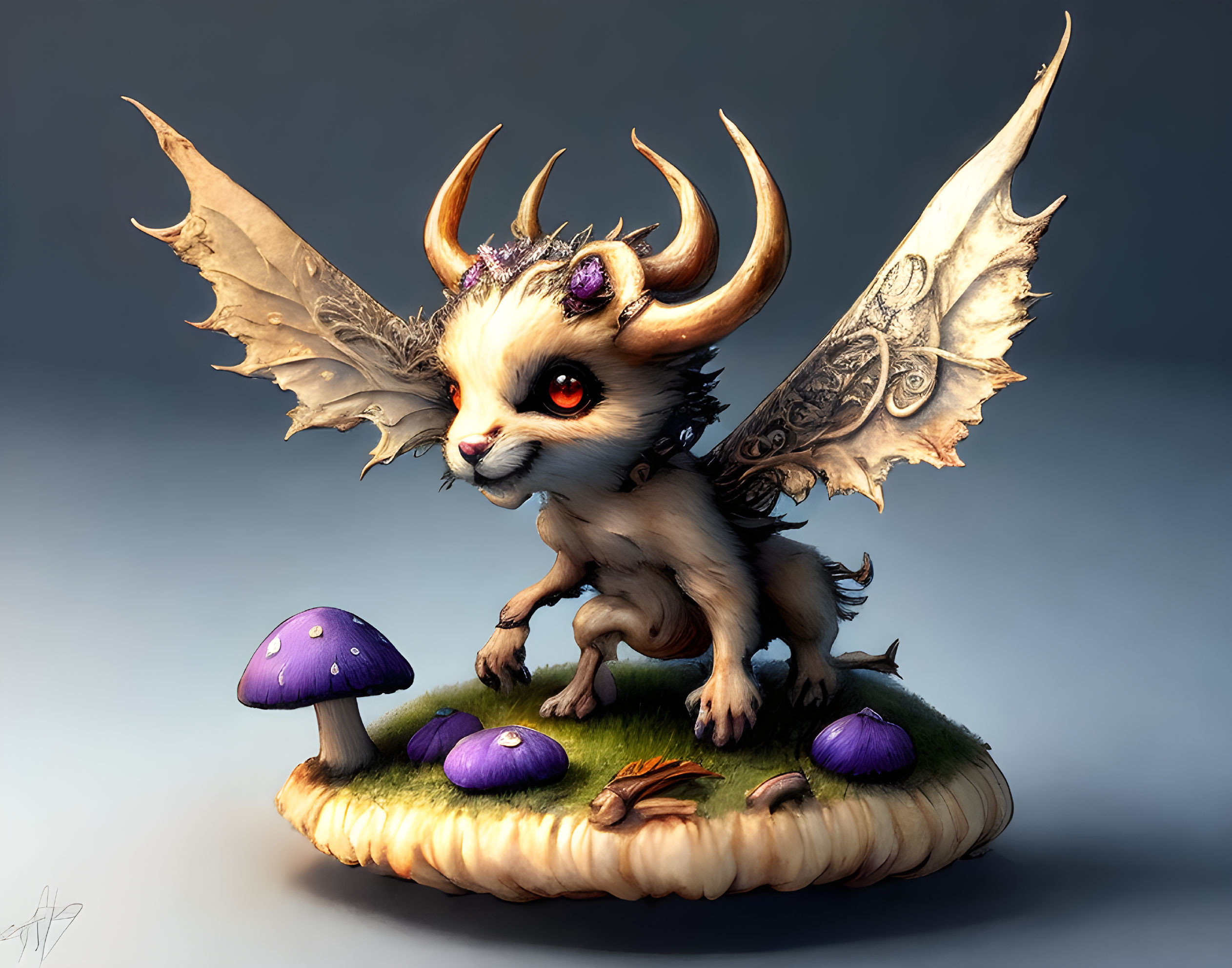 Mythical creature with ram-like horns and butterfly wings on grass with mushrooms.