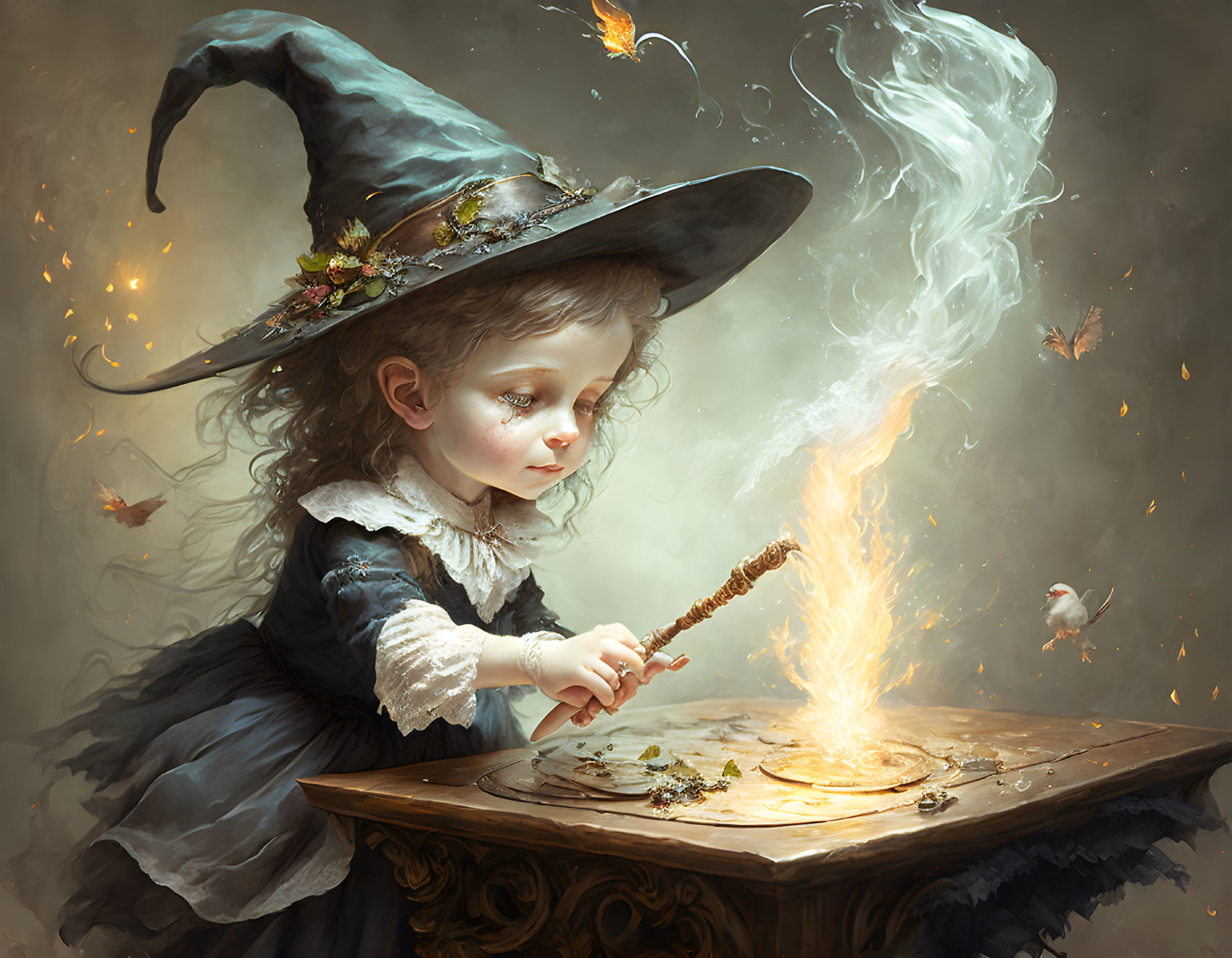 Young girl in witch costume casting magic with wand and spellbook