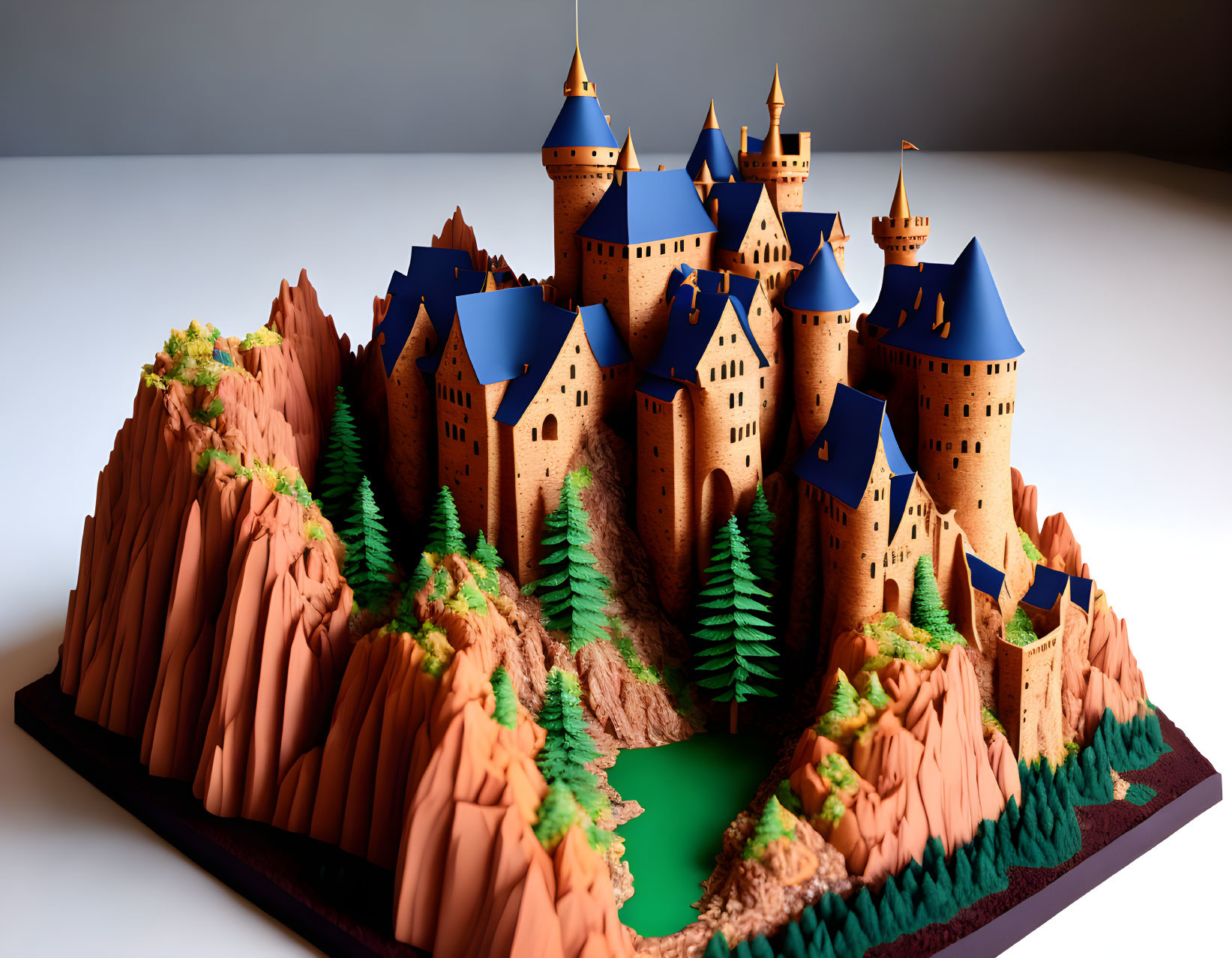 Fantasy castle model on rocky terrain with spires, trees, and river