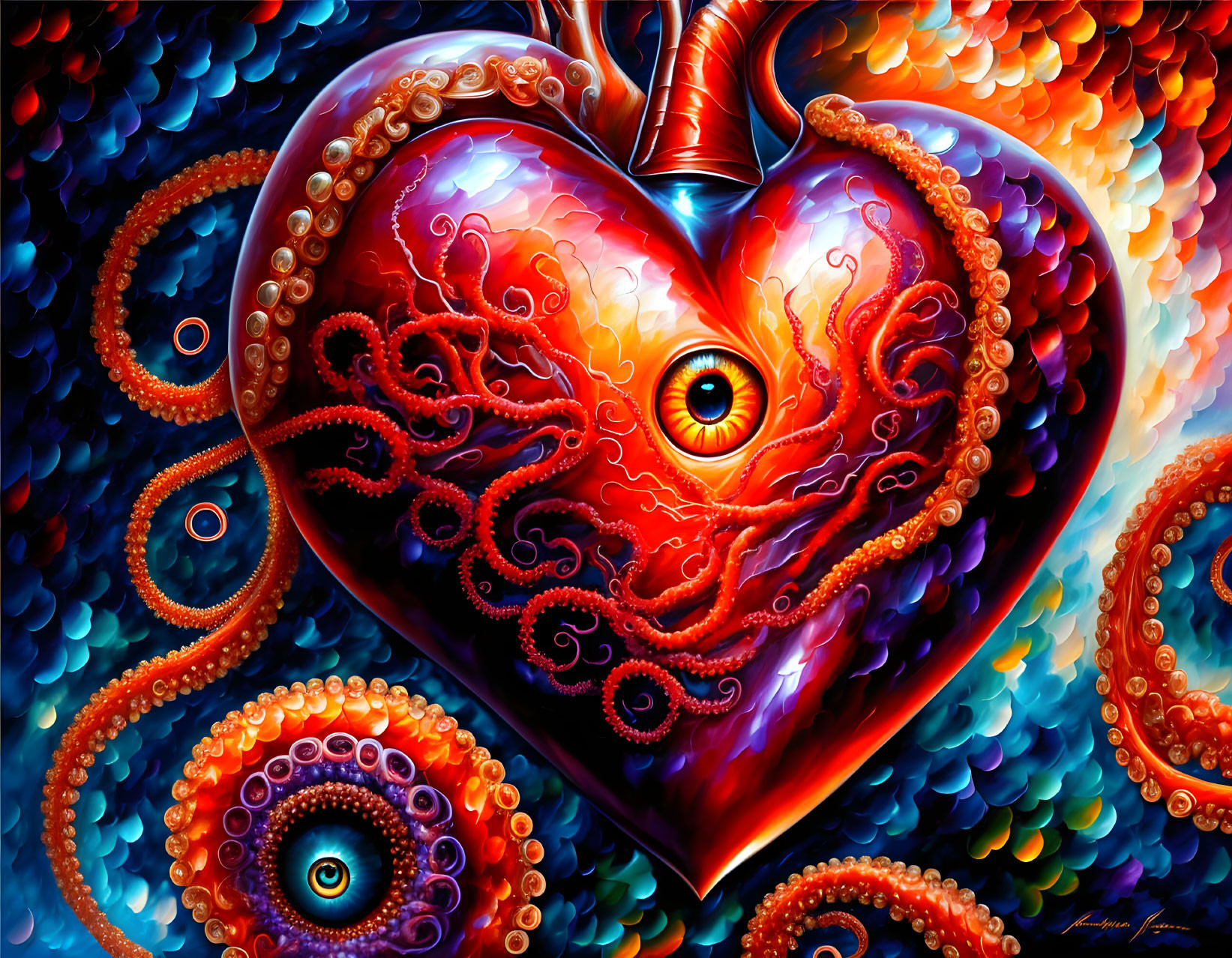 Colorful Heart with Octopus-like Tentacles and Eyes in Circular Patterns