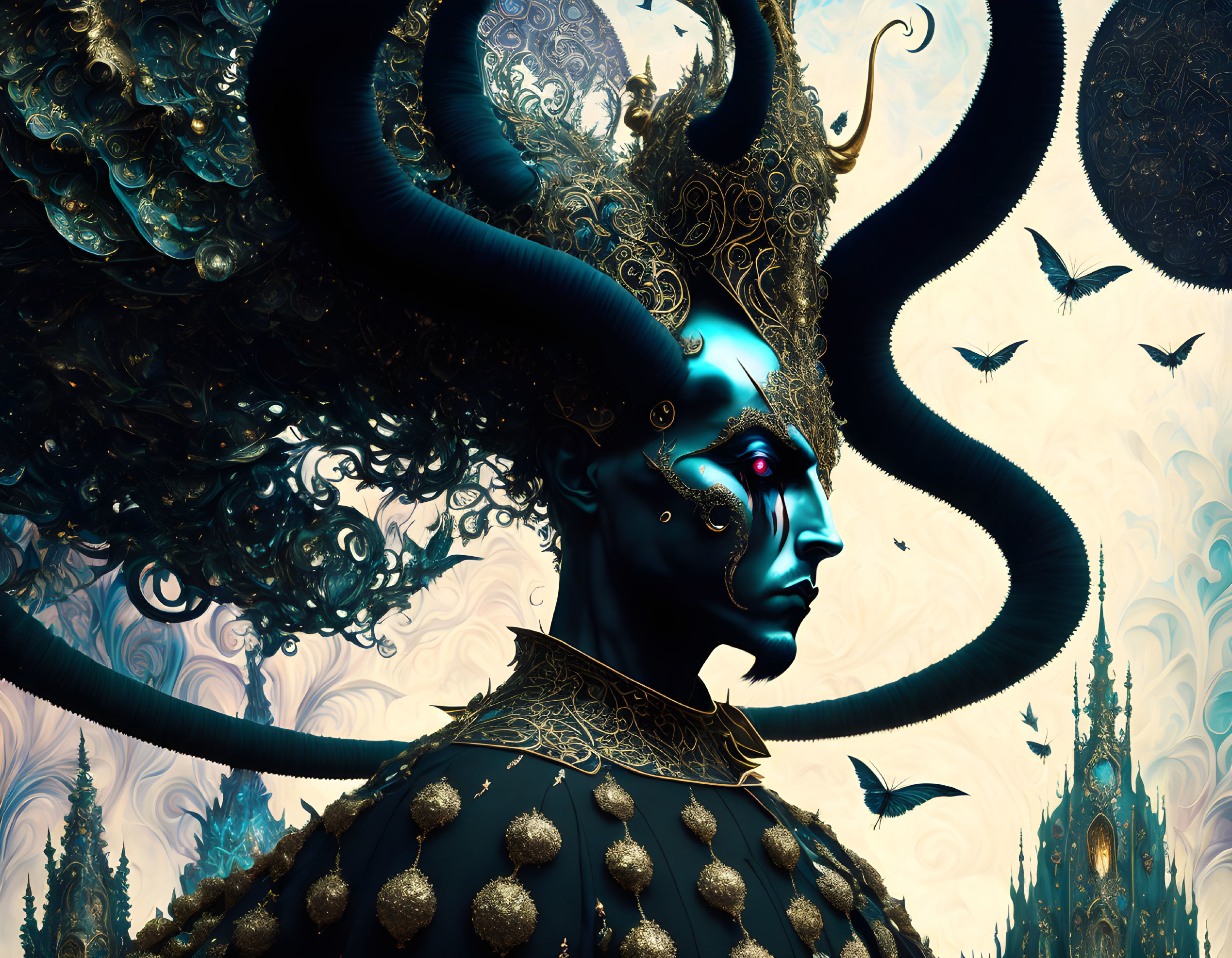 Blue-skinned figure with ornate headdress in surreal fantasy portrait