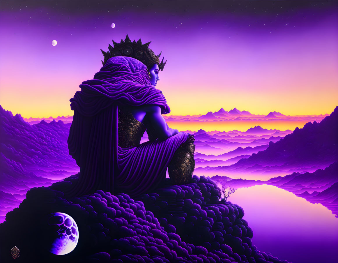 Regal figure in purple cloak on rocky peak gazes at surreal purple landscape with layered mountains and two