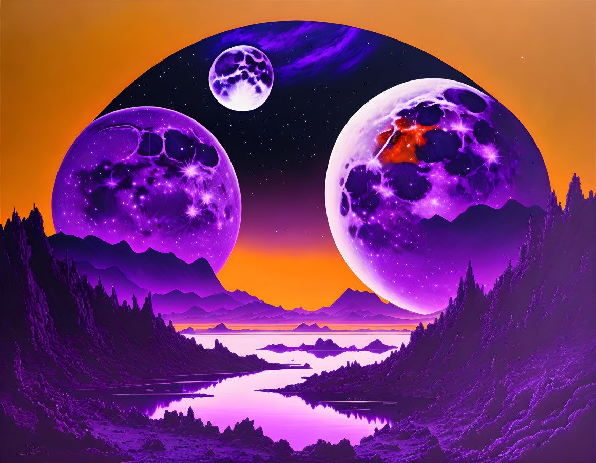 Colorful sci-fi landscape: orange and purple sky, lake, mountains, mystical moons