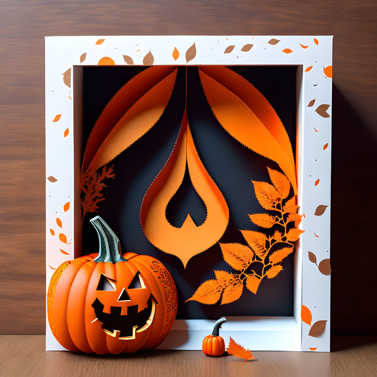 3D Halloween-themed paper art with carved pumpkin, autumn leaves, and flame design.