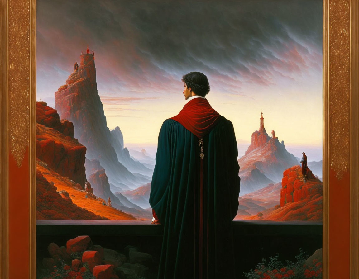 Robed figure in front of mystical red cliffs painting with dramatic sky