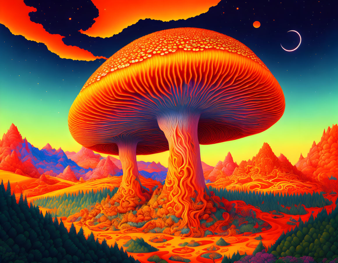 Fantasy landscape with oversized glowing mushrooms and autumnal forests