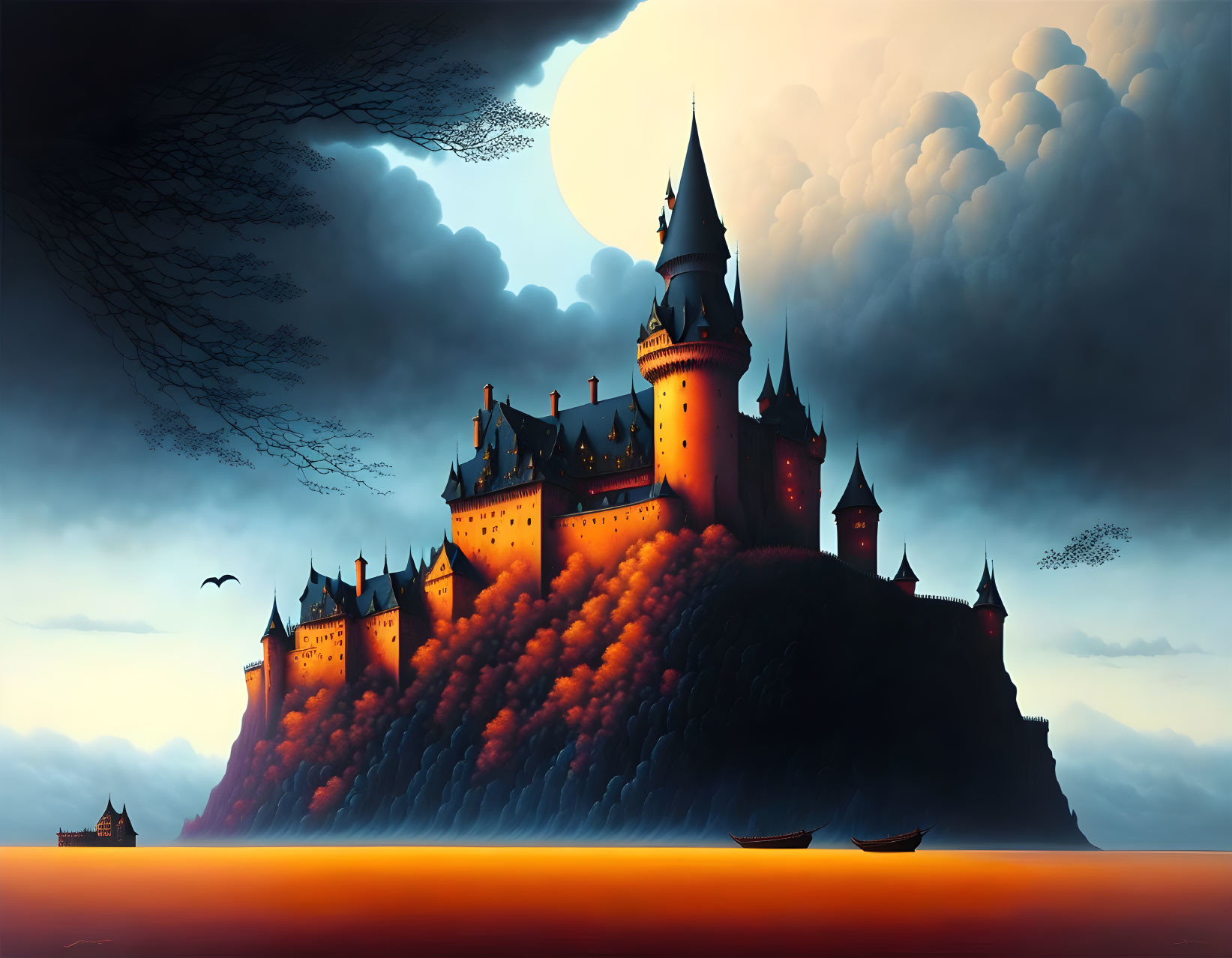 Majestic castle on hill under moonlit sky with ominous clouds, orange sea, passing boat,