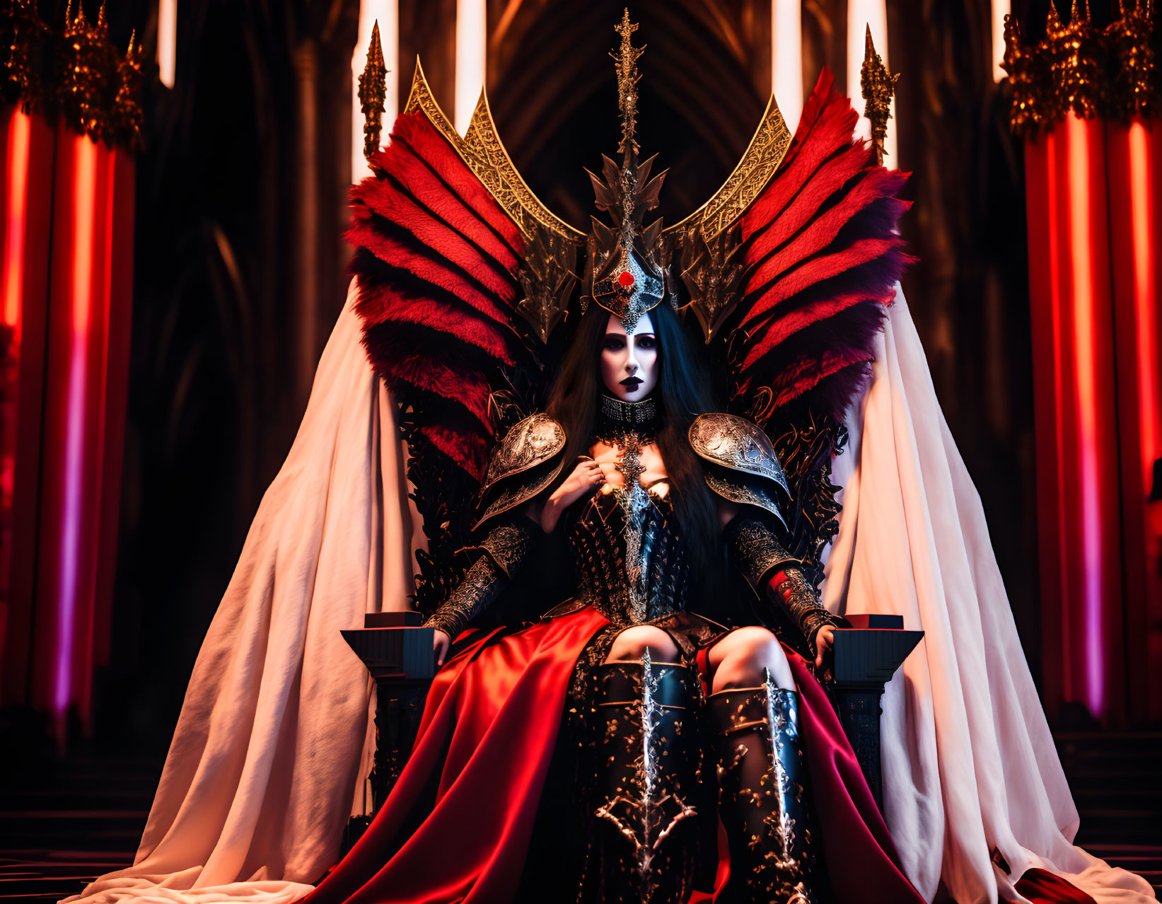 Majestic figure in red and black attire on throne with feathered shoulders