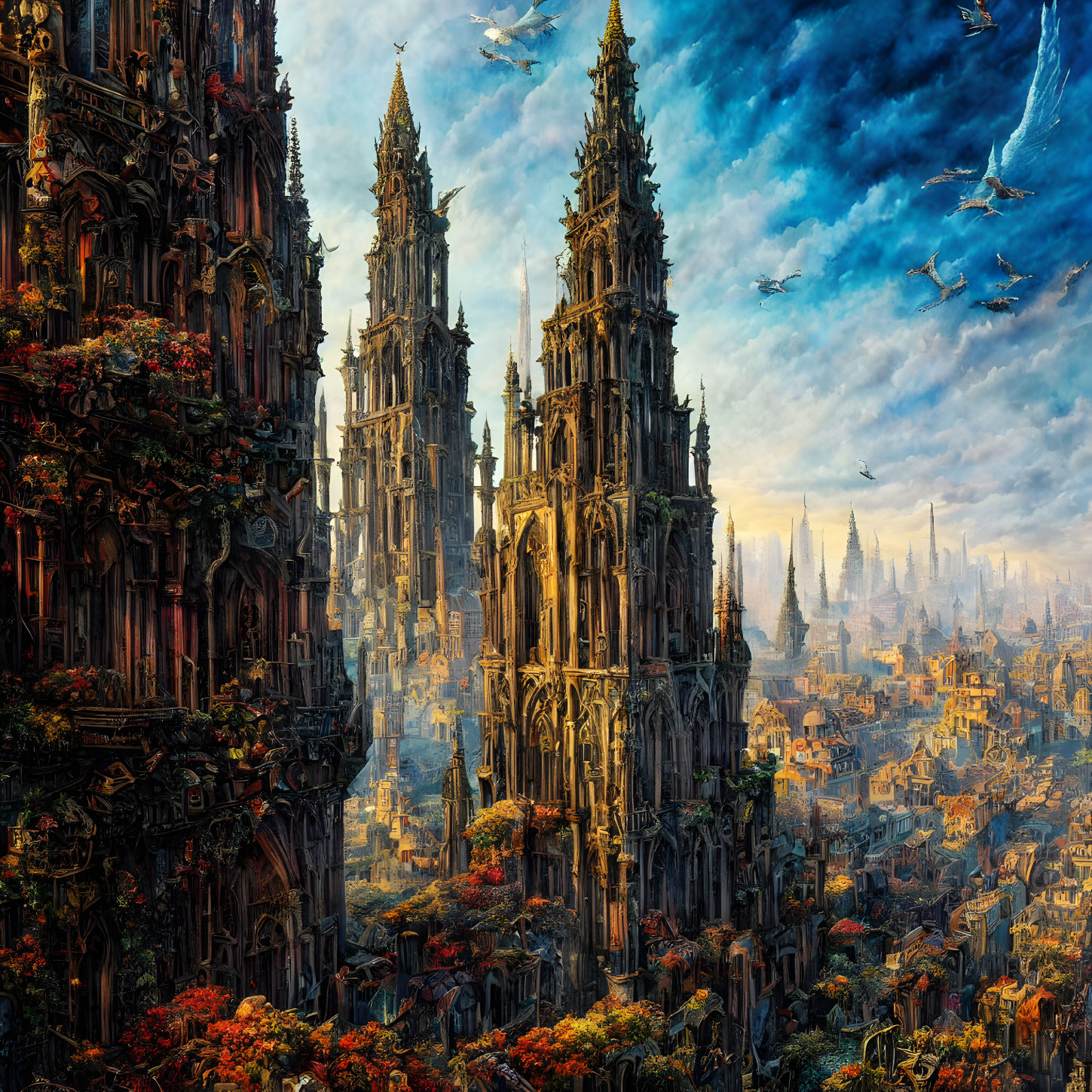 Gothic spires, lush foliage, and flying creatures in a fantastical cityscape