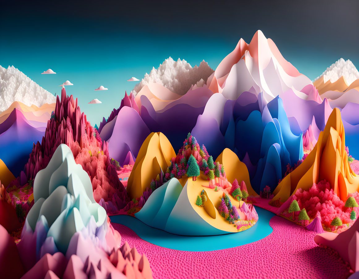 Colorful surreal landscape with multicolored mountains and pink ground