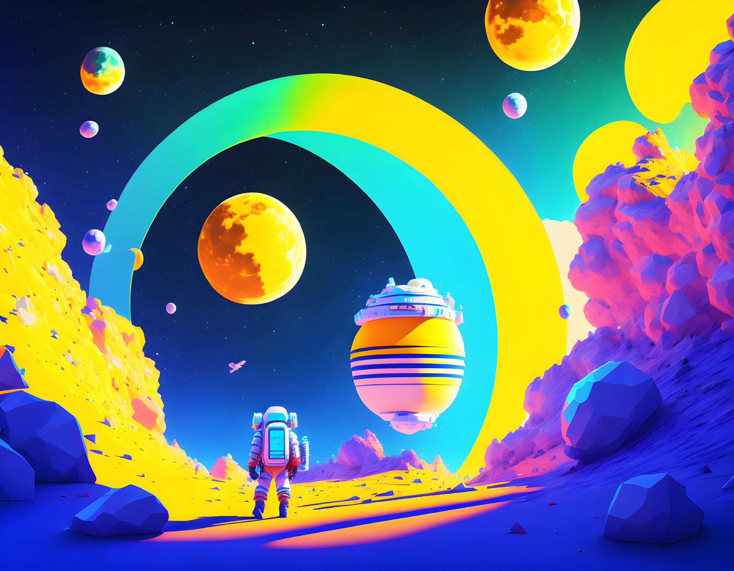 Astronaut exploring alien landscape with blue ground, orange foliage, surreal planets, and rainbow