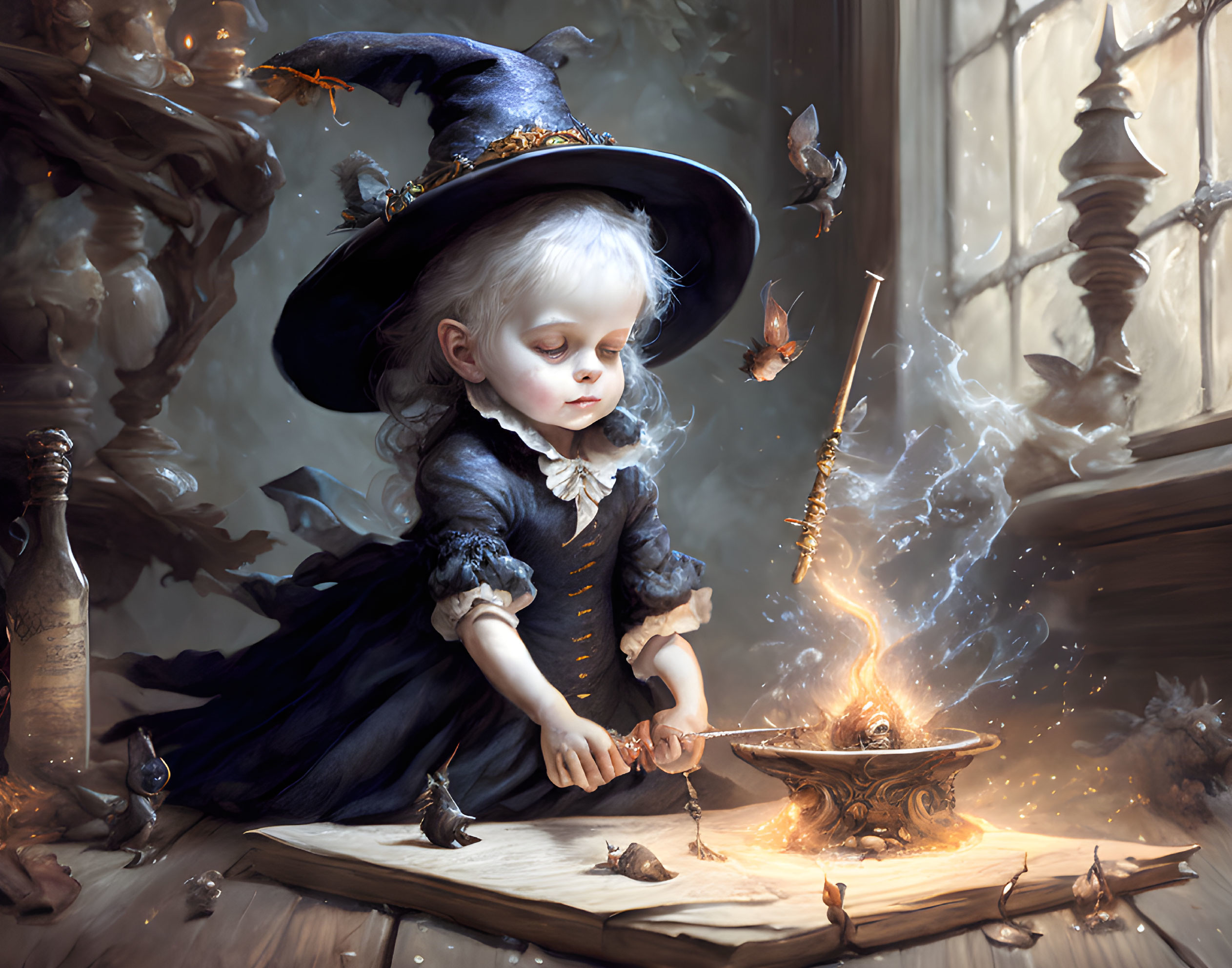 Child Witch Casting Spell with Cauldron Surrounded by Moths in Mystical Room