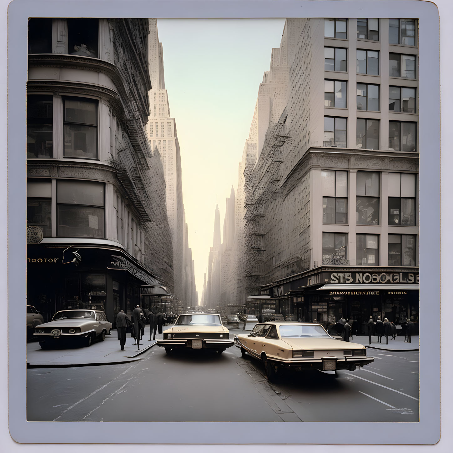 Vintage Photo: Old City Street with Classic Cars & Historic Buildings