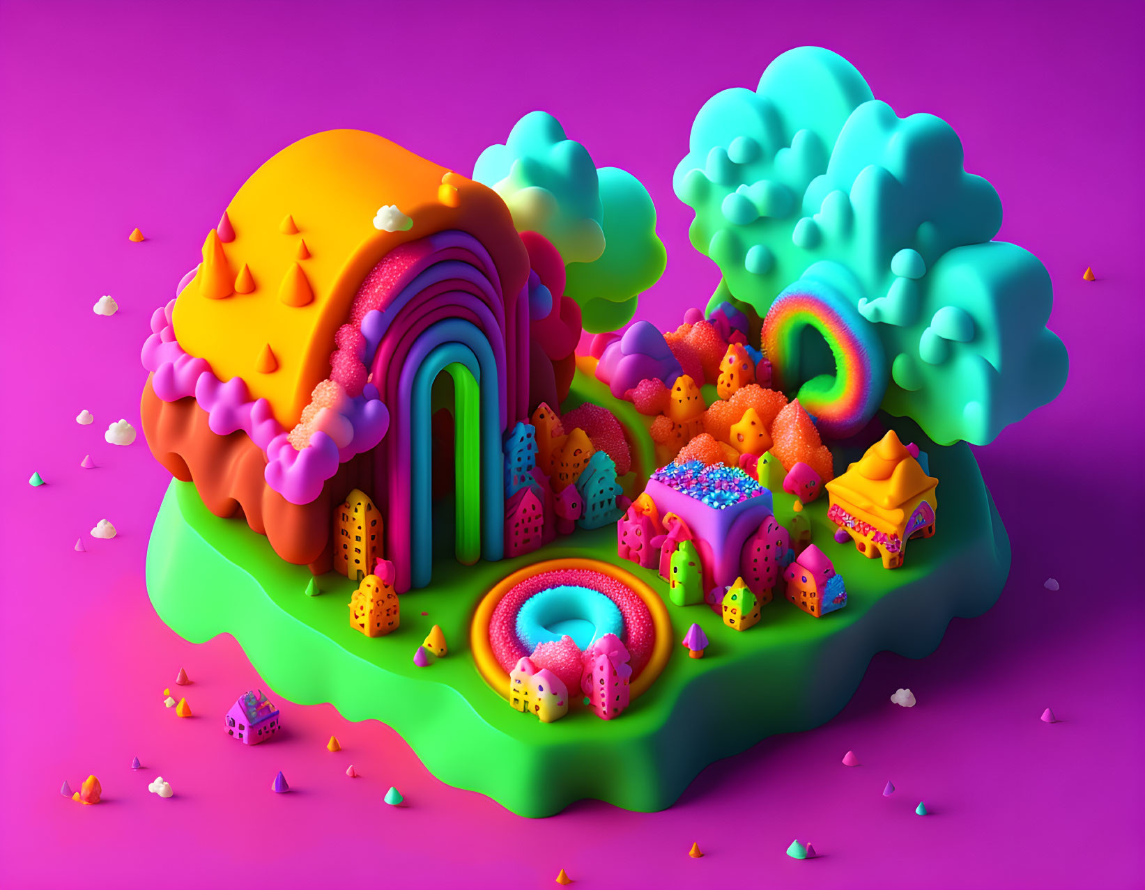 Colorful 3D whimsical landscape with rainbow structures on purple background