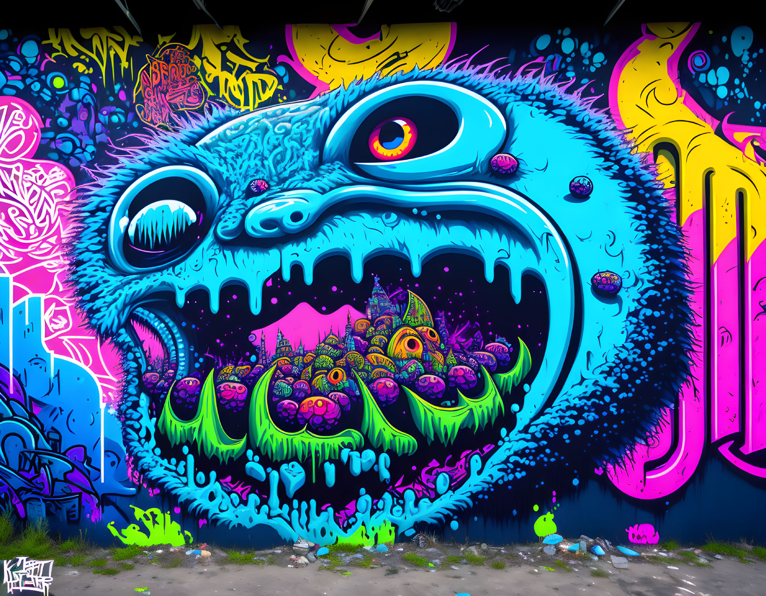 Colorful mural featuring a monstrous blue creature with multiple eyes and sharp teeth