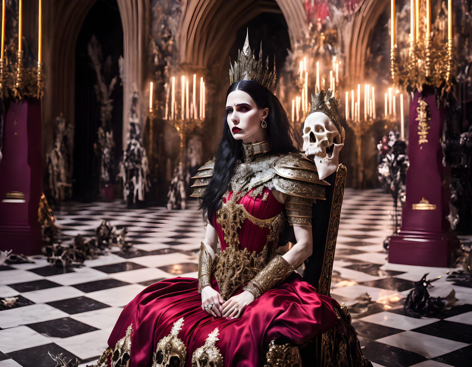 Regal woman in red and gold gown on throne in gothic hall with skull