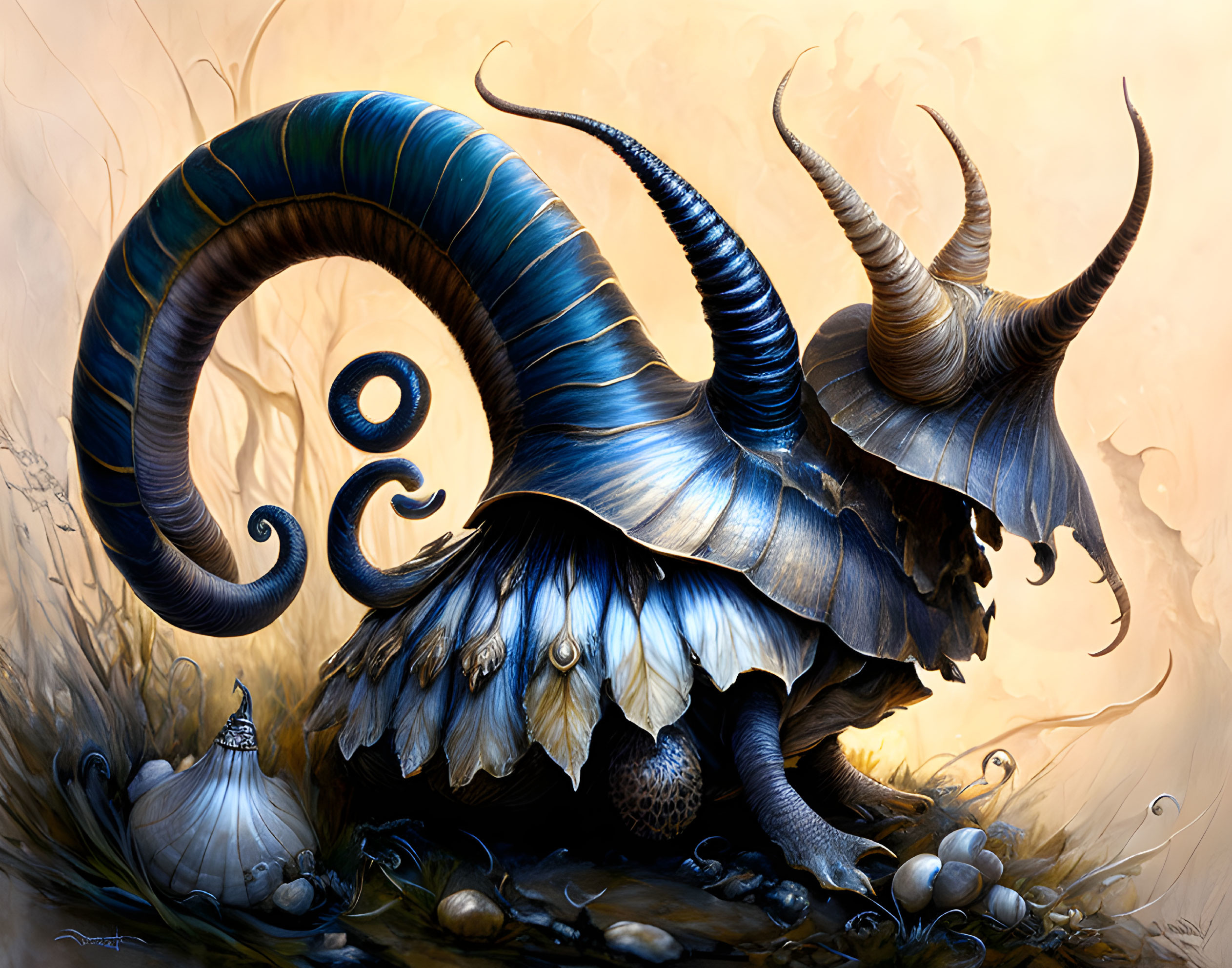 Majestic creature with spiraling horns in mystical landscape