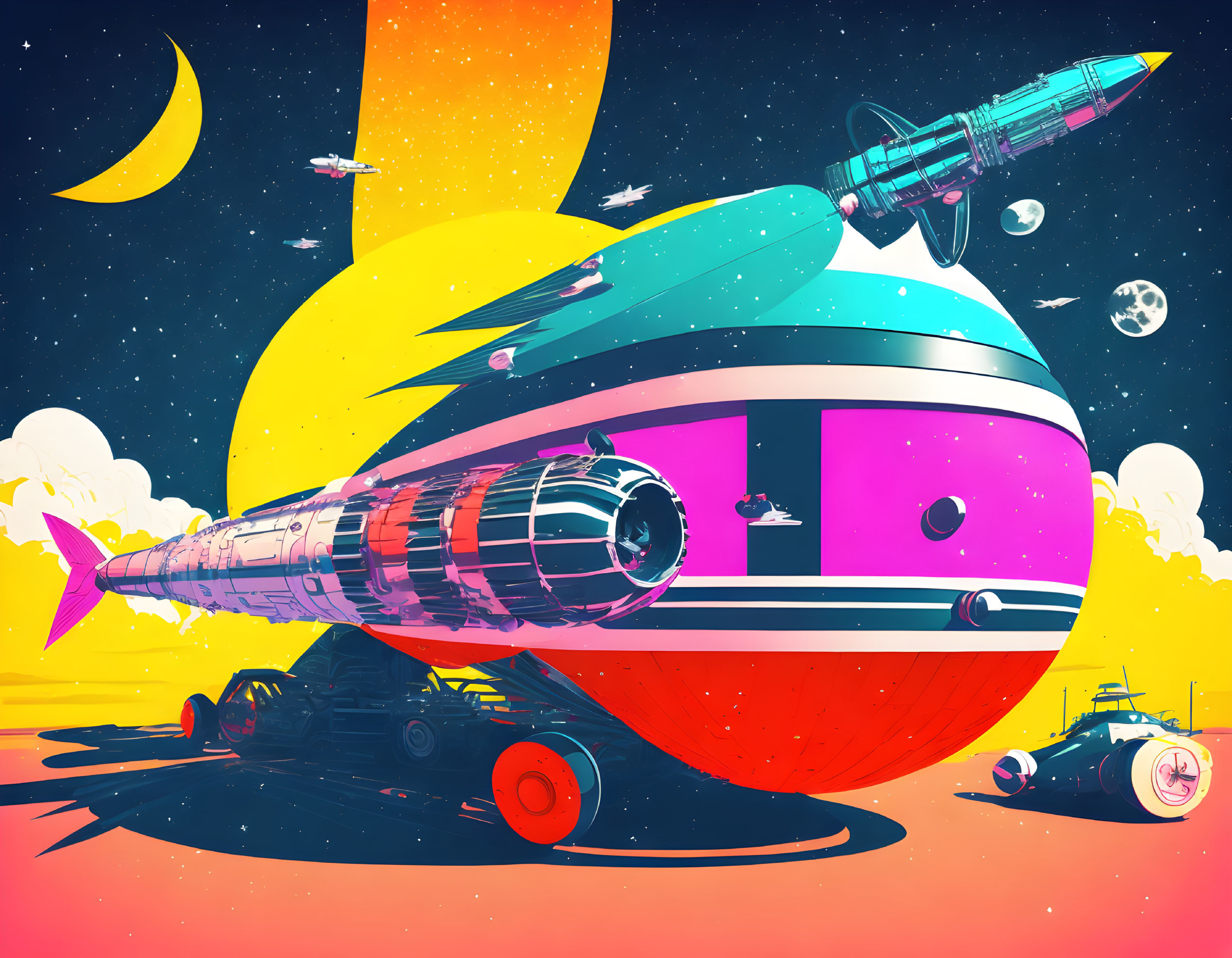 Colorful Retro-Futuristic Spaceship Landing on Alien Landscape