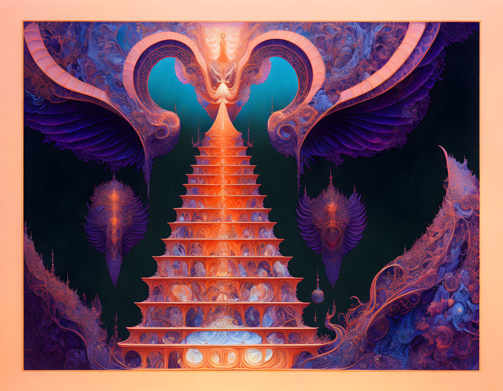 Symmetrical digital artwork with ornate staircase and wing-like structures in blue, purple, and orange.