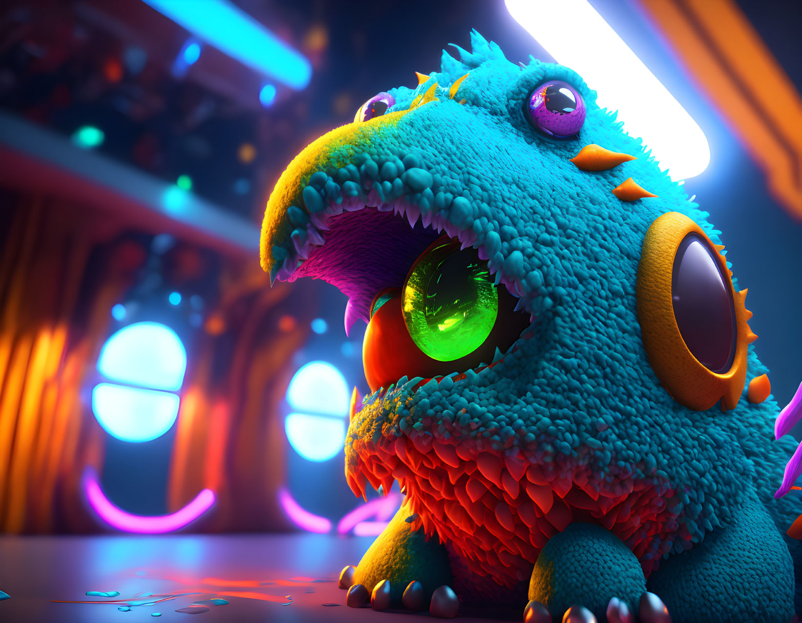 Colorful Cartoon Dragon in Futuristic Setting