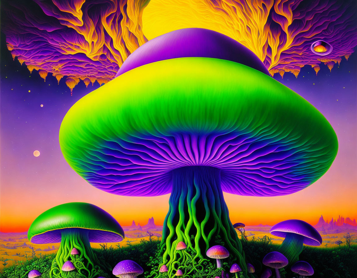 Colorful Psychedelic Mushroom Illustration in Green, Purple, and Blue Sky