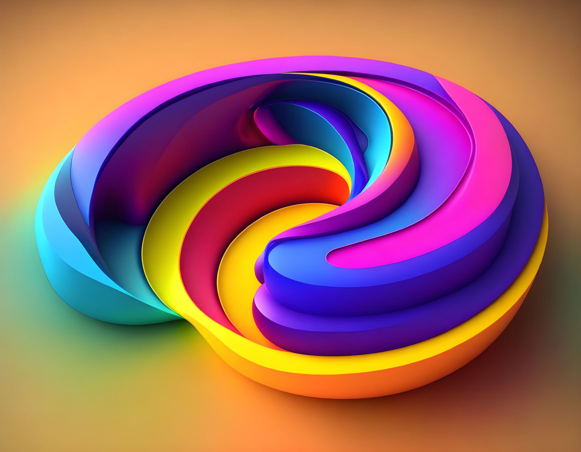 Vibrant abstract swirl with glossy rainbow gradient on warm backdrop