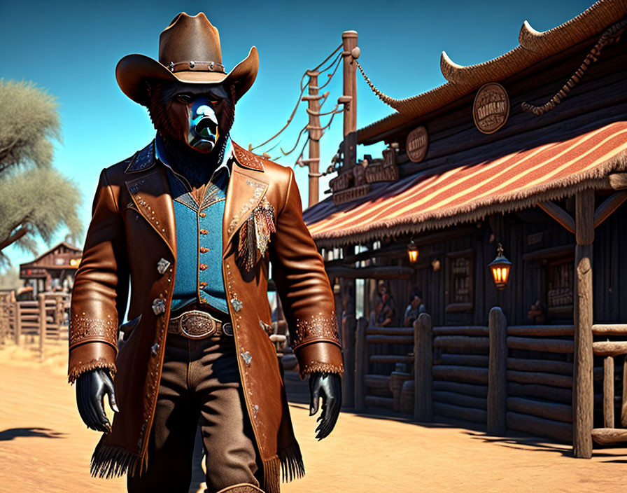 Stylized bear-headed character in cowboy attire walking in western town setting