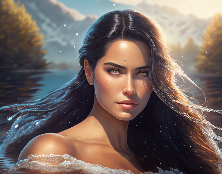 Detailed Digital Portrait of Woman by Mountainous Lakeside