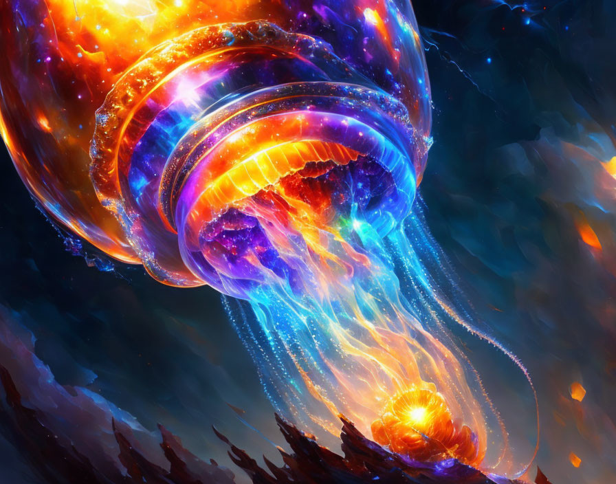 Colorful Cosmic Jellyfish in Fiery Space Environment