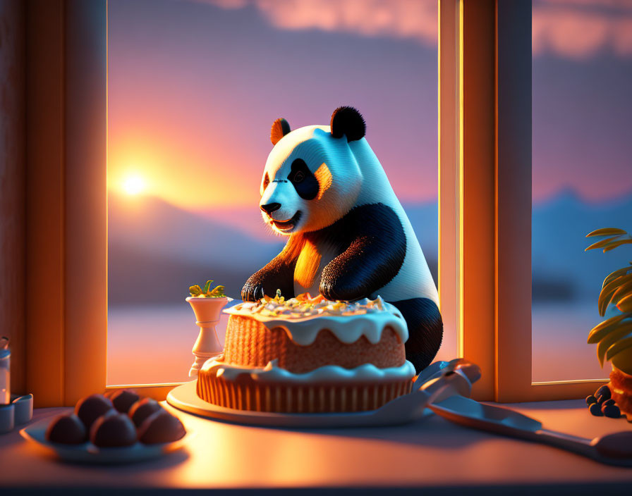 Anthropomorphic panda with birthday cake at sunset window