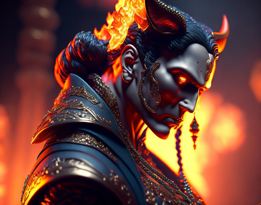 Character with Horns and Glowing Eyes in Fiery Artwork