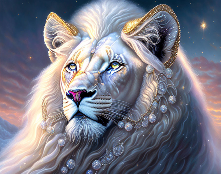 White Lion with Blue Eyes Wearing Jewelry in Starry Sky