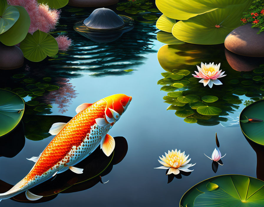 Colorful koi fish among lily pads and lotus flowers in serene pond