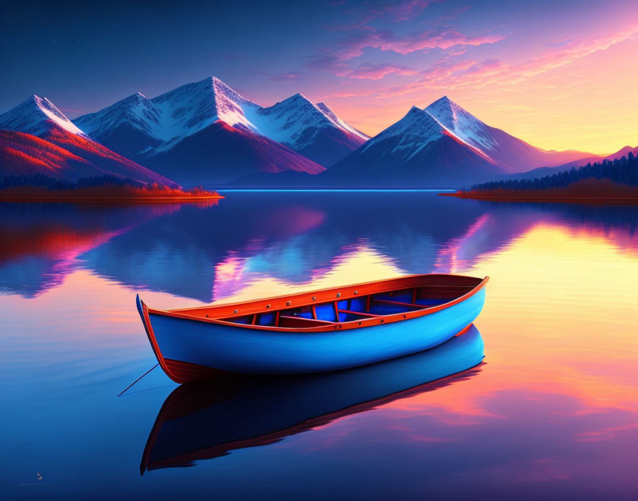 Scenic digital artwork of serene lake, blue canoe, and snow-capped mountains